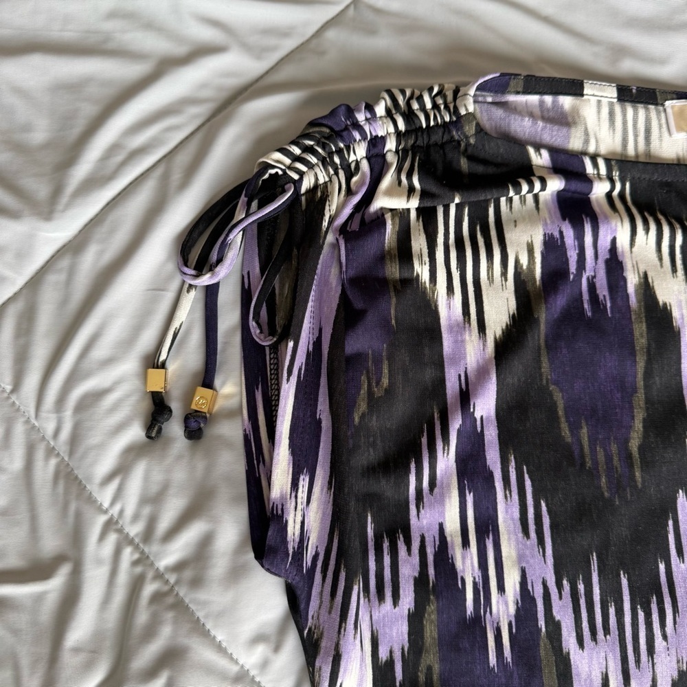 MICHAEL Michael Kors Black Purple Patterned Blouse Tank Cinched Shoulder Tassel - Picture 3 of 10
